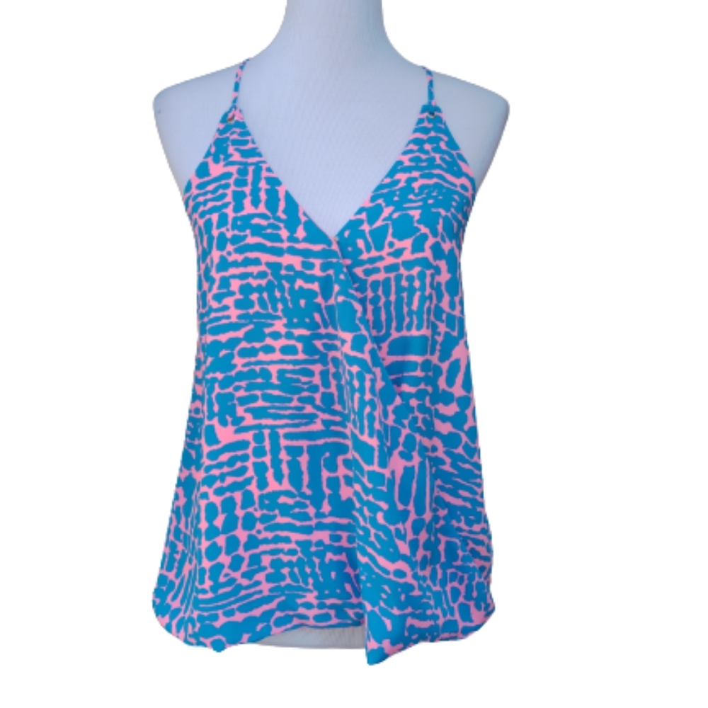 Buddy Love Multicolor Cami Blouse Neon Bright Pink Blue Print Wrap